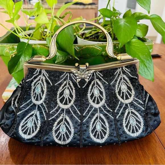 Melissa Handbags - Vintage Black Beaded Handbag w Butterfly Clasp and Chain Strap by Melissa Design